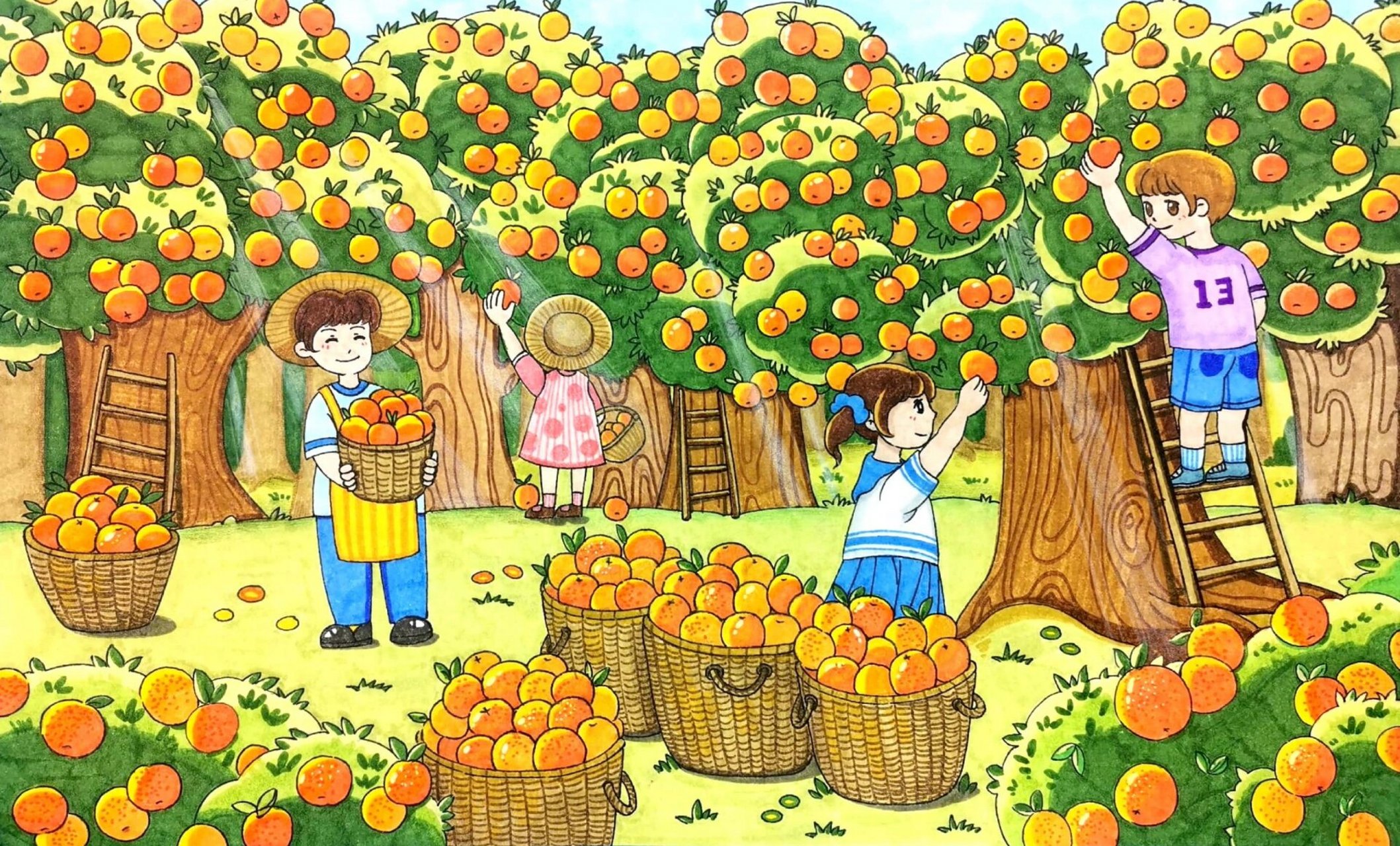果园采摘儿童画 适合7-8岁孩子