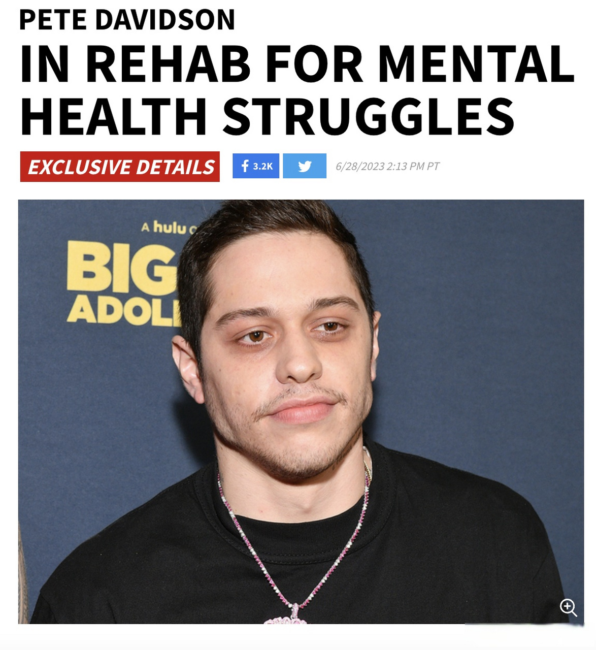 tmz消息,原snl卡司pete davidson进入戒瘾所治疗,因其心理健康出现