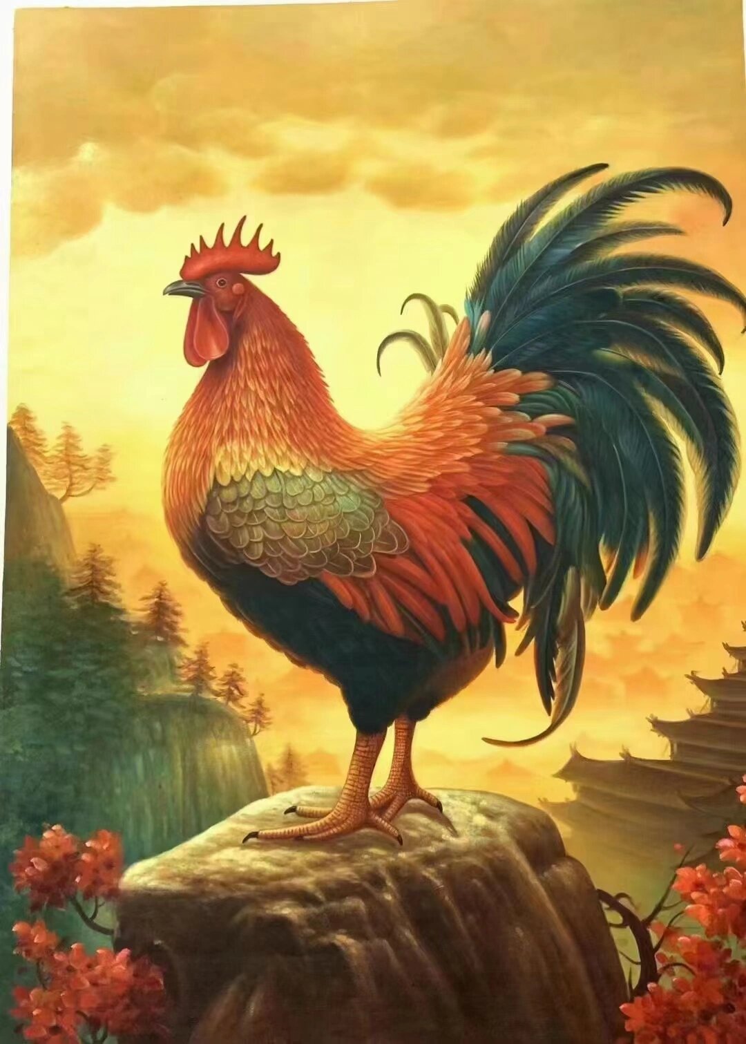 大吉大利,鸿运当头,精品油画公鸡图
