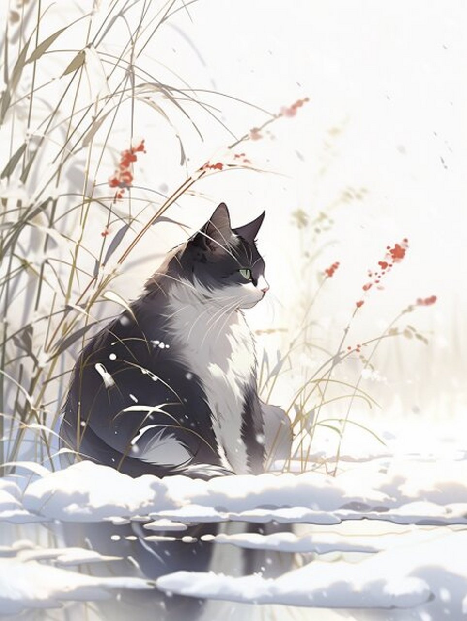 氛围感头像 | 国风小猫咪工笔水墨画 落雪后的野草深处 一只毛蓬蓬的