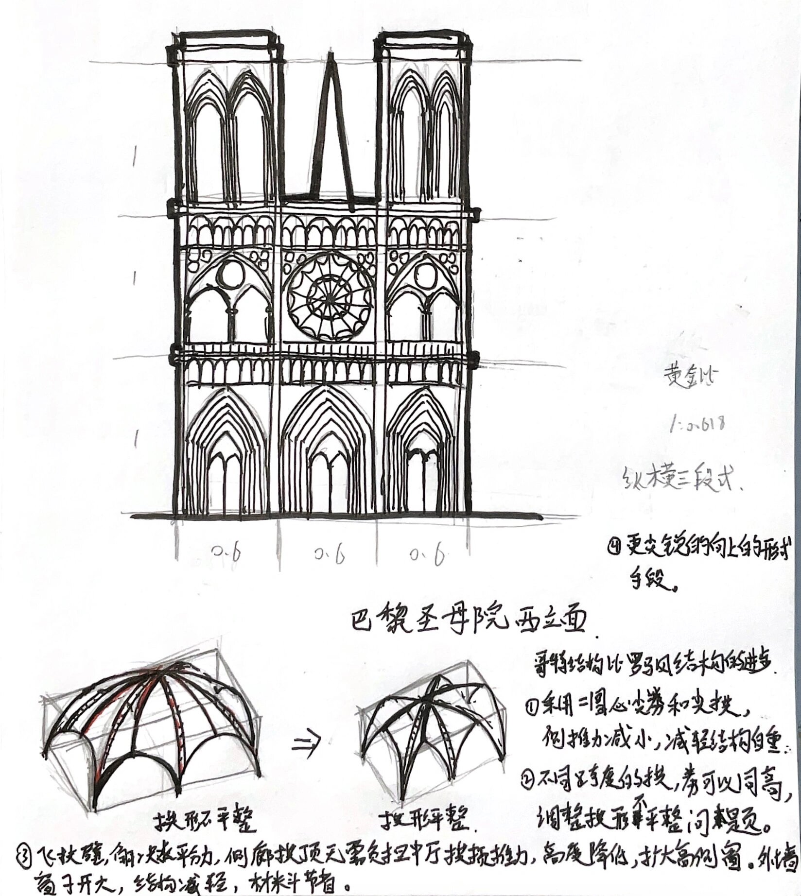 巴黎圣母院立面图手绘图片