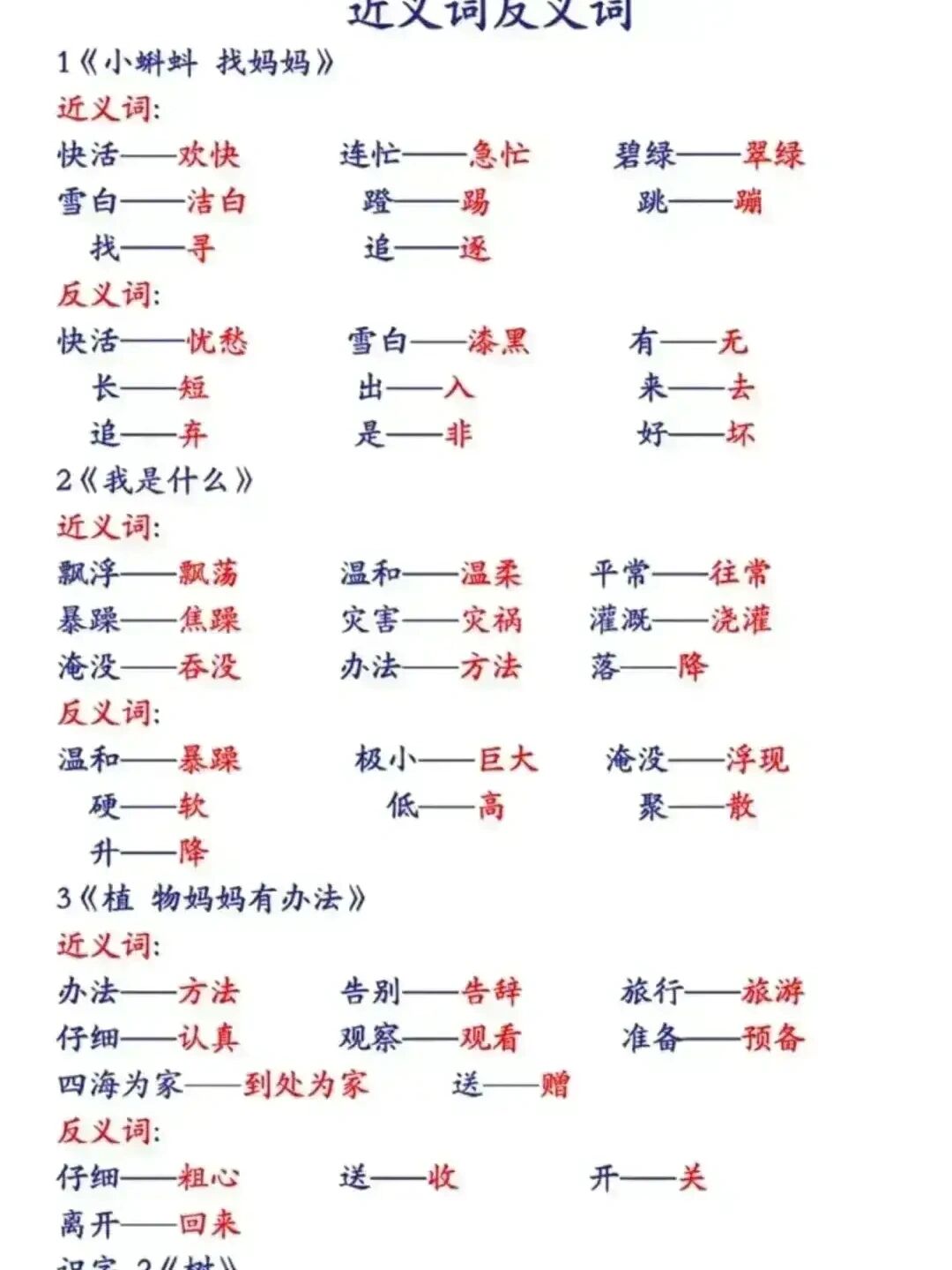 二年级上册语文近义词,反义词