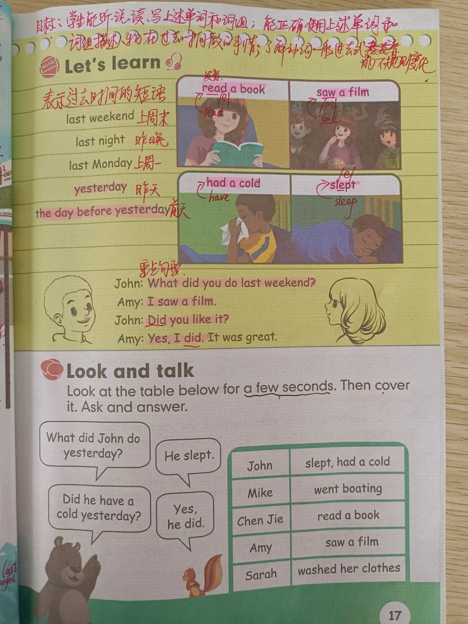 lets learn 通过amy与john周末活动的场景呈现单词和词组的词形和