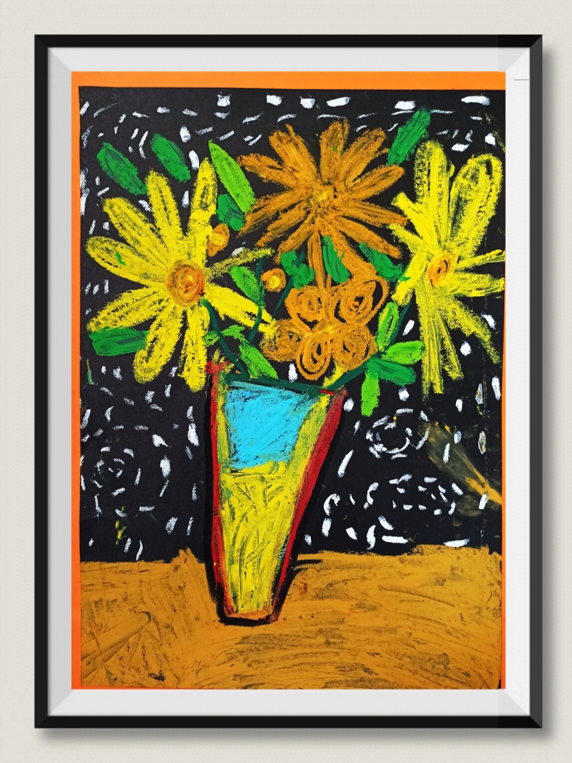 儿童画,少儿美术作品《花瓶里的花》 黑卡纸,重油彩 大班孩子作品