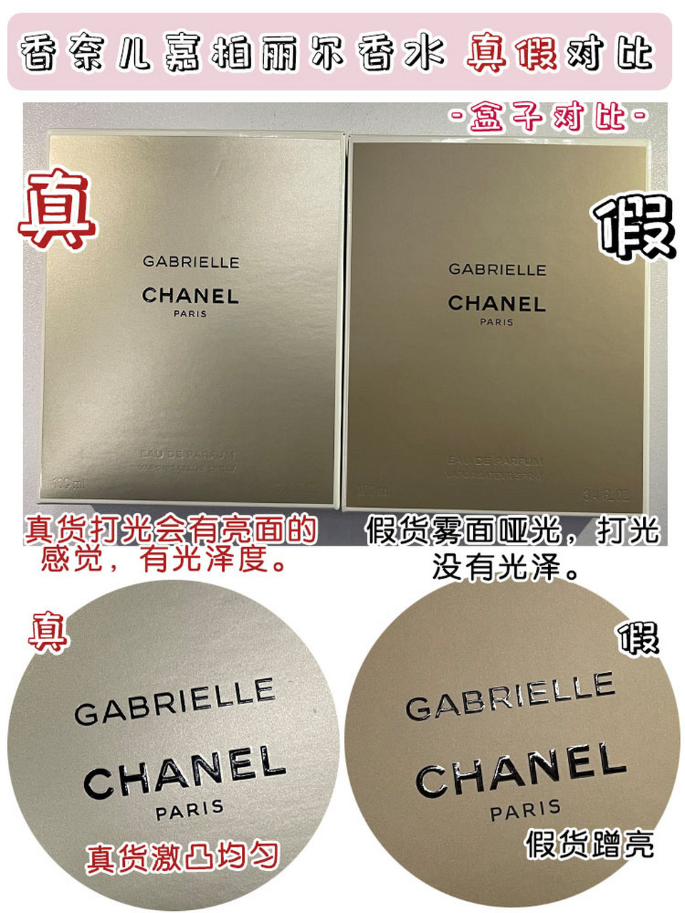 香奈儿嘉伯丽尔香水真假对比100ml 主要对比了以下: 外盒 印刷 底部