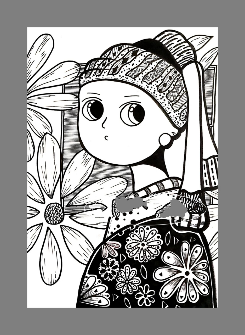 黑白线描装饰画 世界名画 戴珍珠耳环的少女 临摹