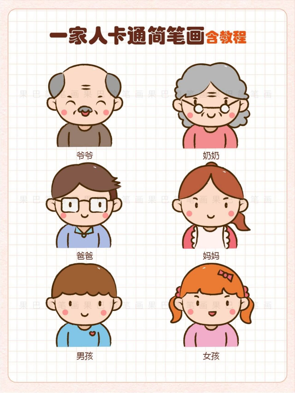 一家人卡通简笔画丨家里人 q版卡通人物绘画 一家人q版人物简笔画