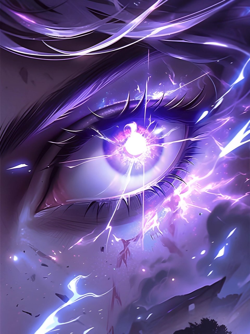 紫电|极致特效-眼睛特写镜头 眼睛里都是紫色的闪电, 当女生愤怒起来