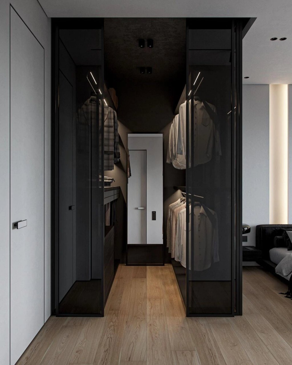 极窄黑玻玻璃门打造3平方的高品质衣帽间98   	 高品质衣帽间需要给