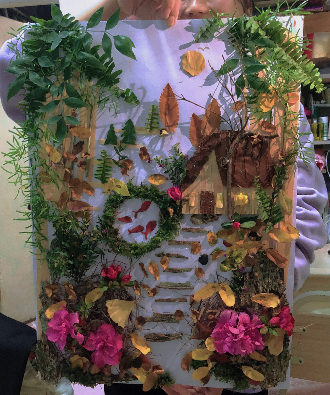 树叶粘贴画95|手工画-森林里的小木屋17 我们三人一起找了许久的