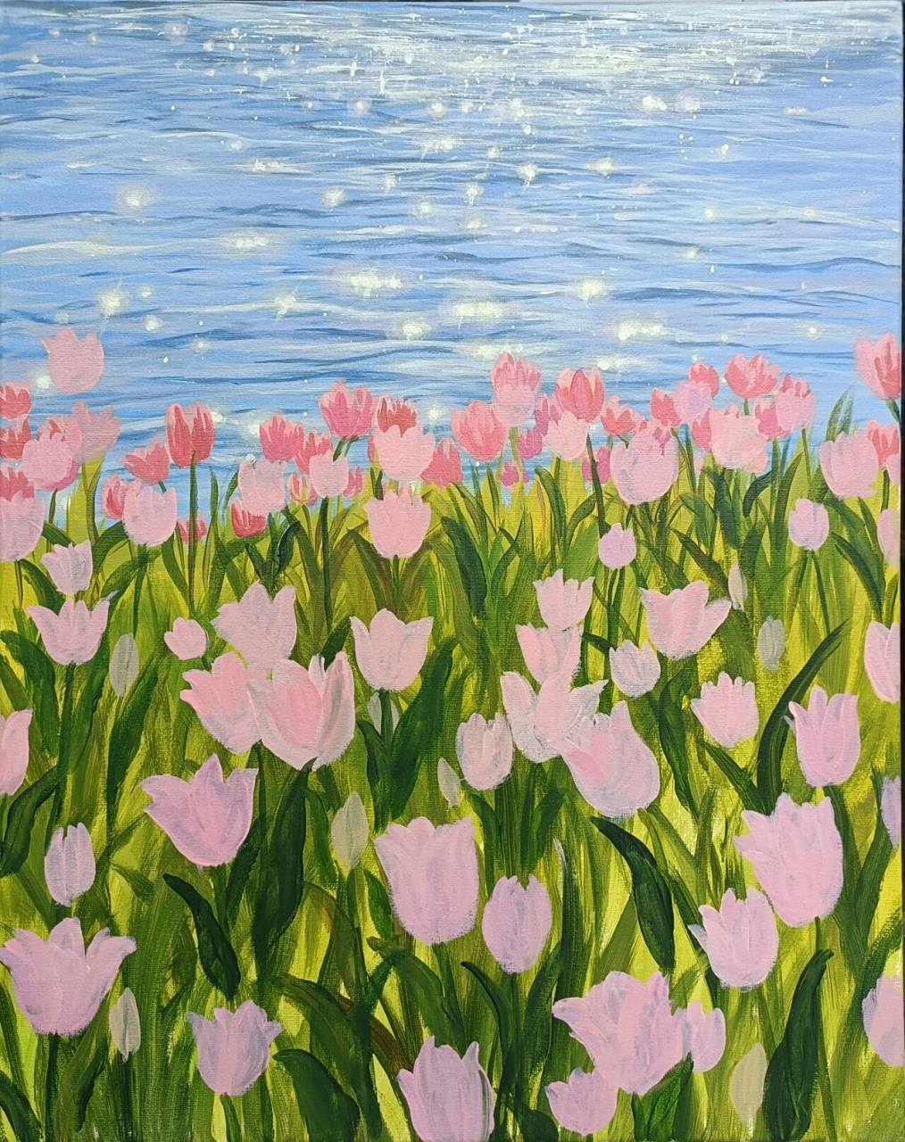 手绘丙烯画/郁金香花海/步骤图 尺寸:40*50cm 阴雨绵绵的冬天,画春日