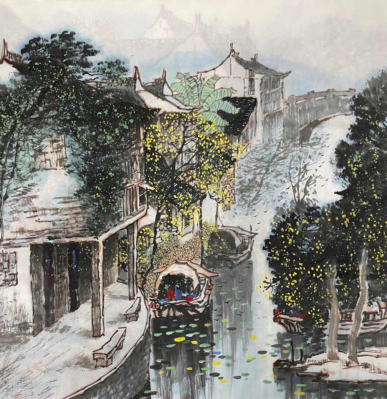 纯手绘四尺斗方水墨江南水乡