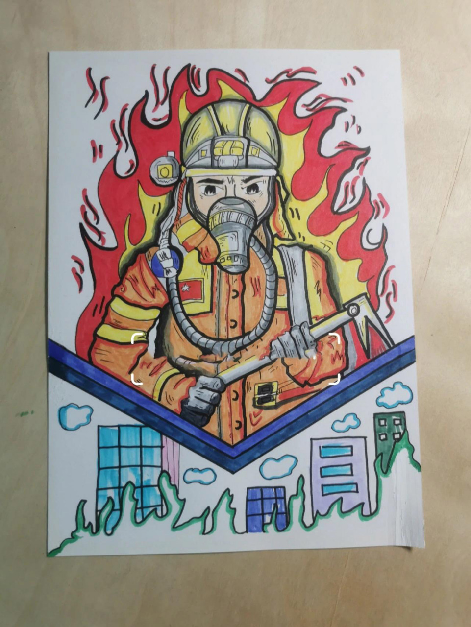 手工画安全主题消防员 学校作业安全主题画.线稿完成了.