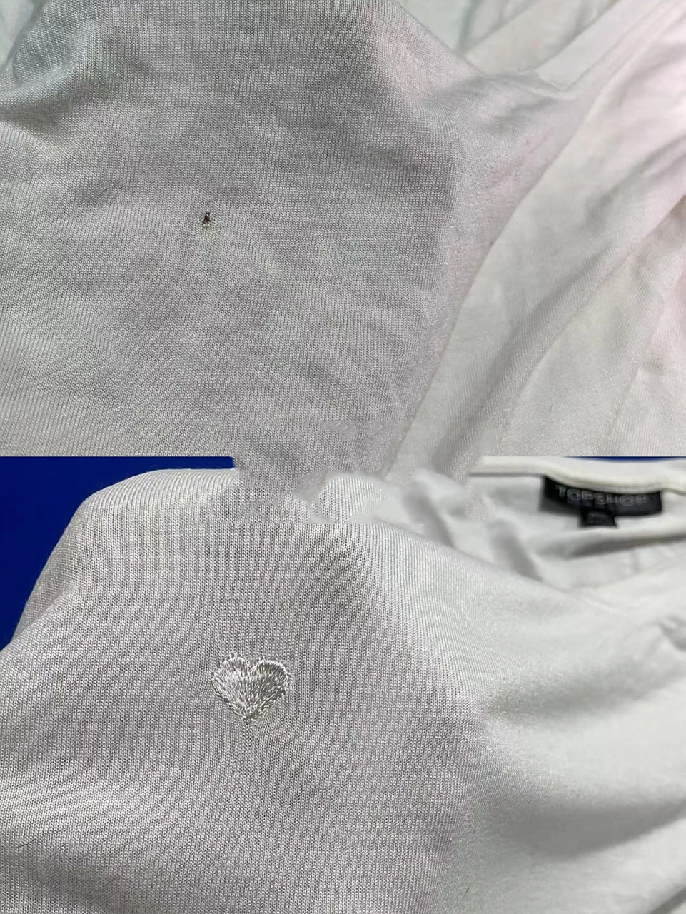 白色衣服破了一个小洞,不知如何是好,刺绣了一个白的小爱心,好喜欢
