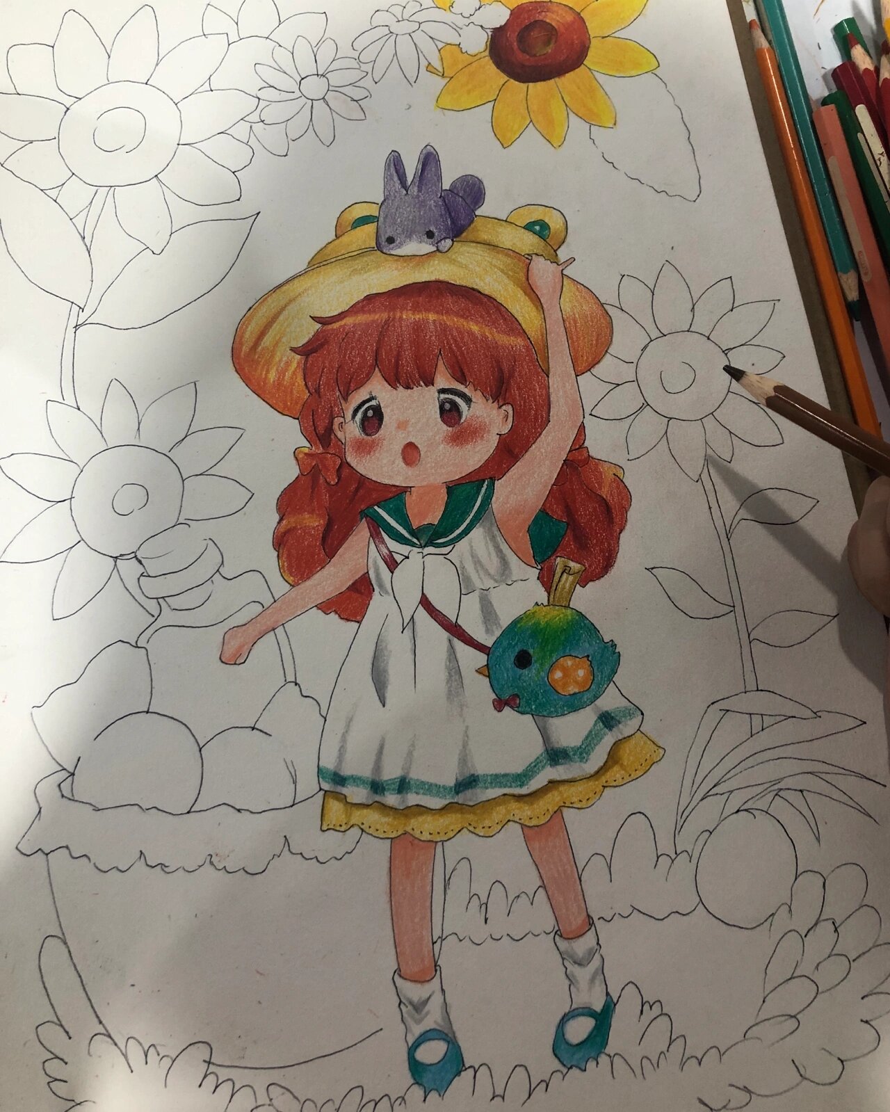 可爱彩铅人物画色彩小女孩手绘插画