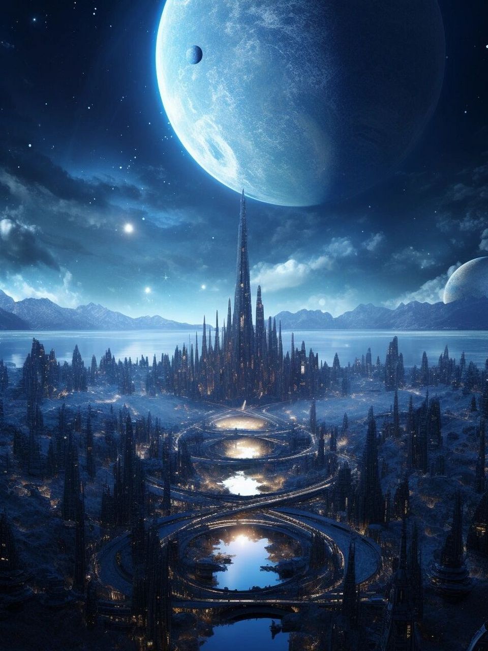 一个有隧道和月亮的未来主义星球城市,淡天蓝色和暗金色的风格,扭曲的
