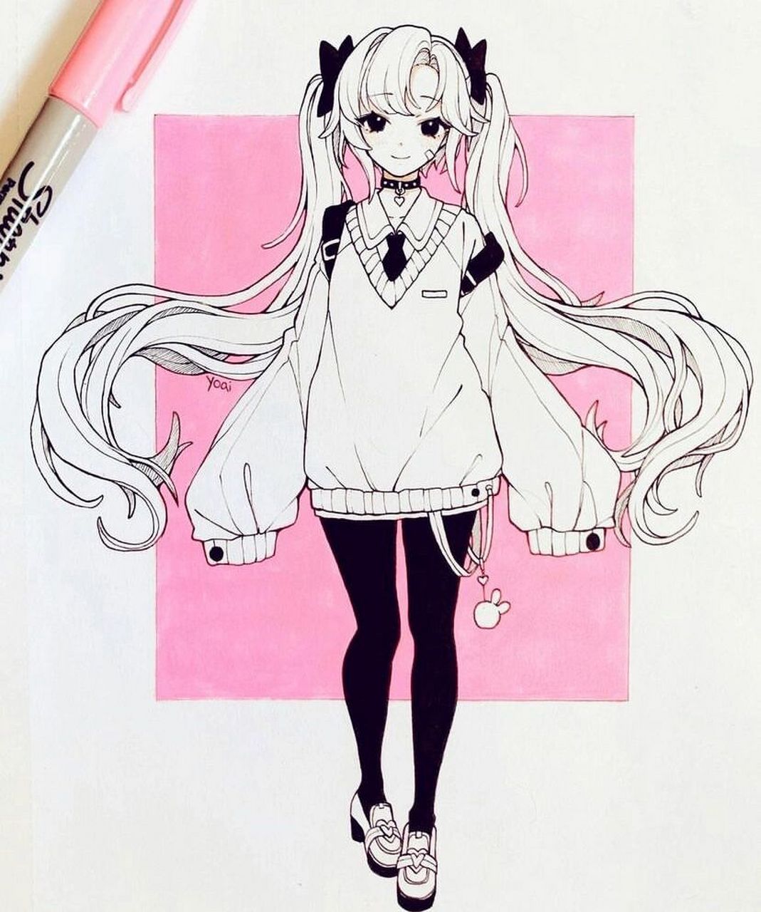 马克笔手绘素材 可爱的校园女孩  画师 yoaihime 相对于ibu chuan 她