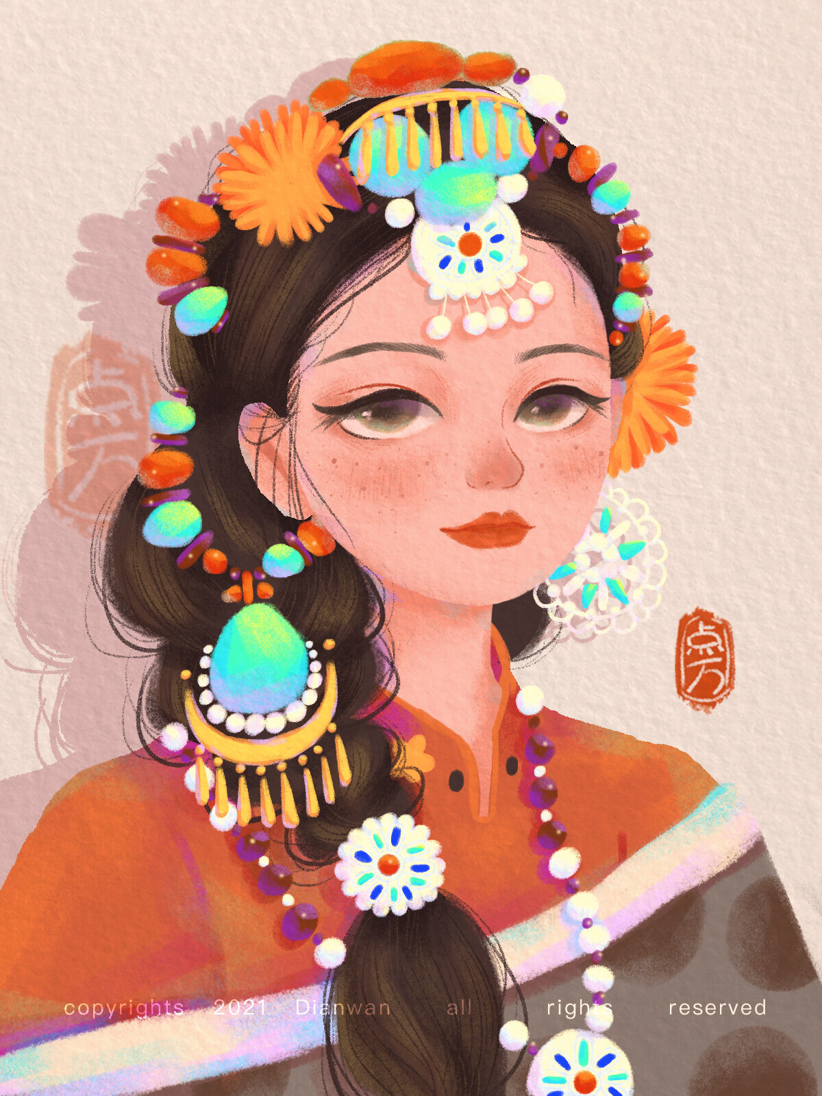 少数民族系列插画 ① / 藏族少女 画一个跟藏元素有关的插画头像,参考