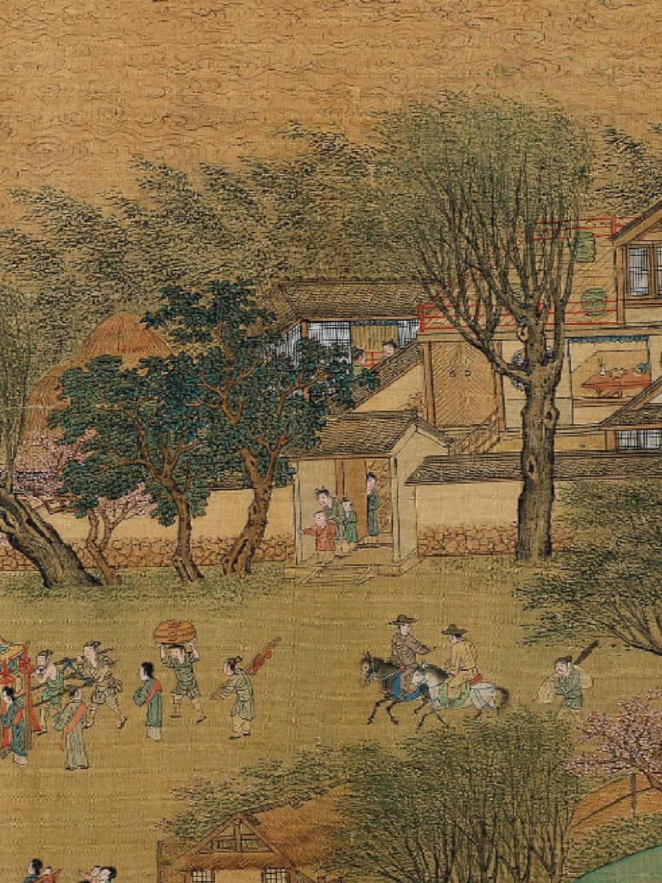 放大20倍看清明上河图的庭院生活 此卷采用青绿重彩,充满了春光明媚之