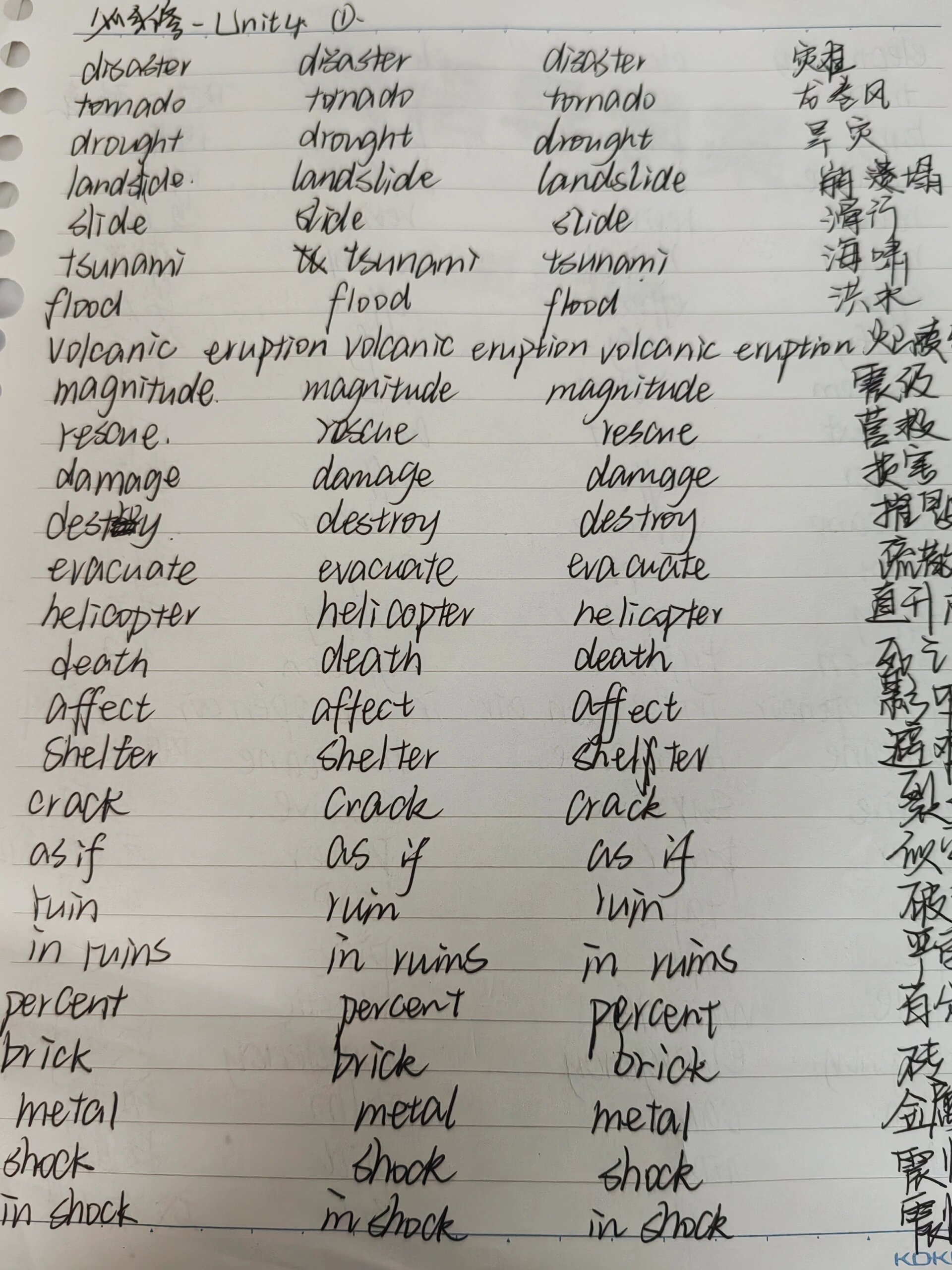 高中英语单词必修一第四单元三英一汉抄写