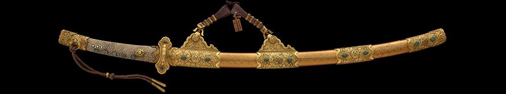 日本刀装具欣赏(拵こしらえ):金梨子地家纹散莳绘鞘饰太刀拵(出鲛柄)