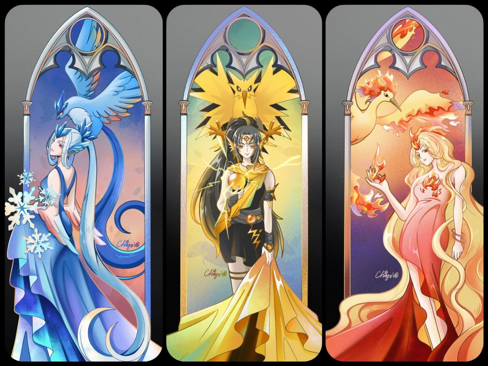 宝可梦拟人|三神鸟|合集 急冻鸟×闪电鸟×火焰鸟 	 三只都画完就发个