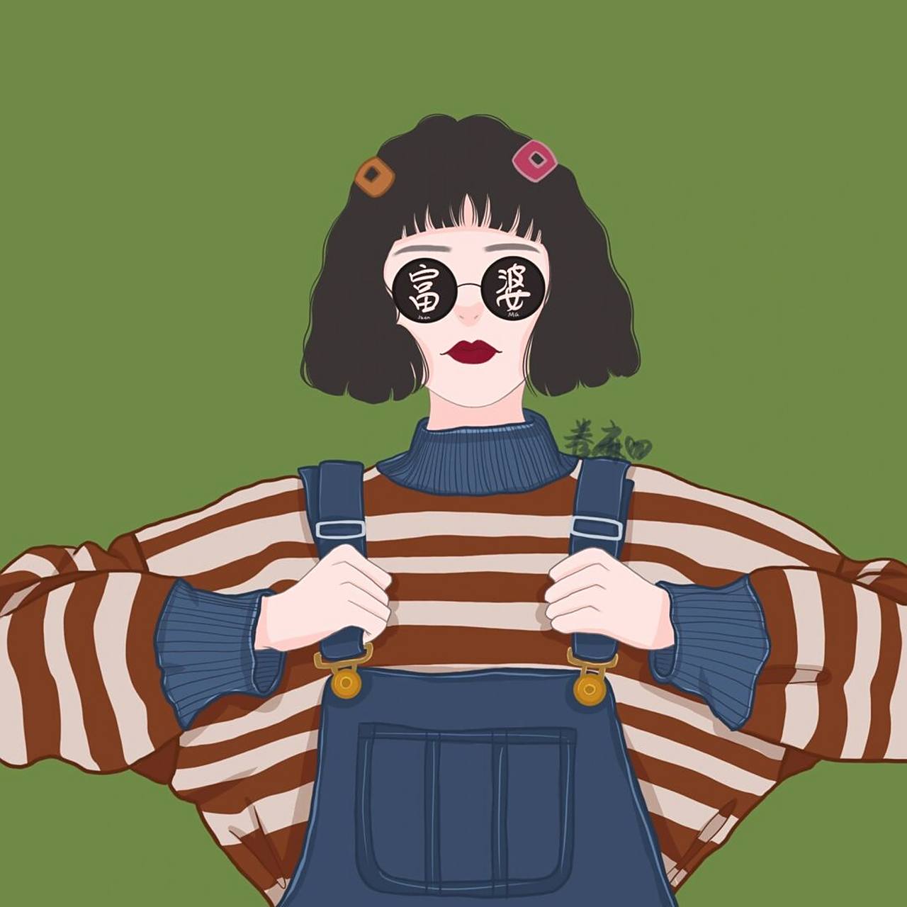 插画头像 | 富婆头像用起来90每天都有钱钱 波浪短发77条纹毛衣