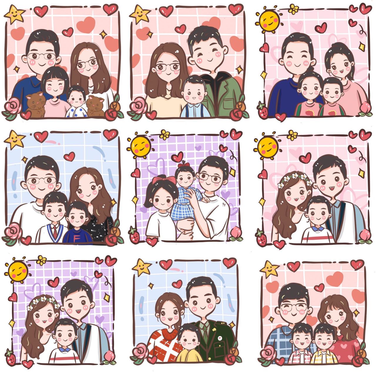 可爱手绘全家福头像,一家三口四口 可可爱爱好幸福(^○^)萌萌哒全家福