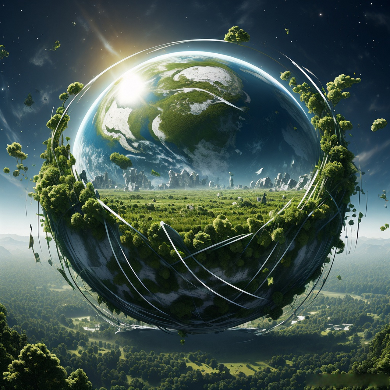 那些小岛和森林,仿佛是地球上的绿色宝藏,而它们之间连接的白色线条