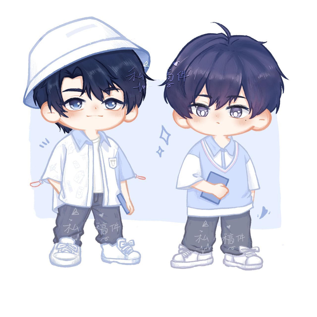 伪装学渣/朝俞/板绘/q版/绘画 青春期的朝俞跟蓝白配色真的好搭噢