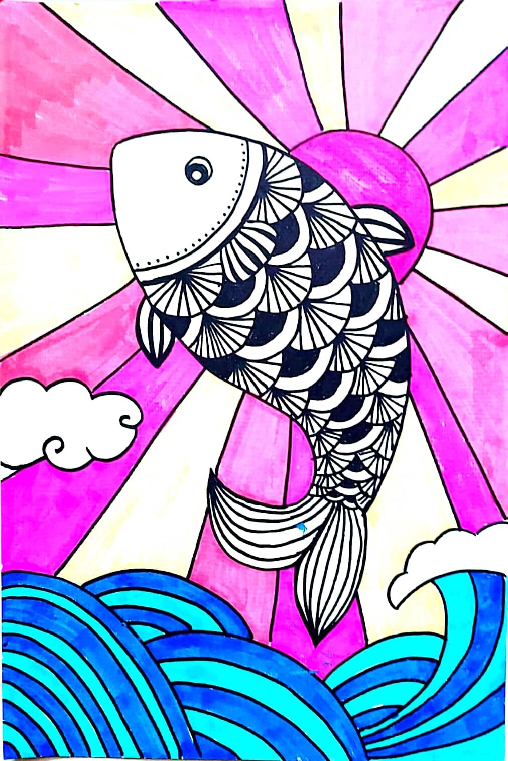 线描画《鲤鱼跳龙门》 今天我们的绘画主题是《鲤鱼跳龙门》, 让孩子