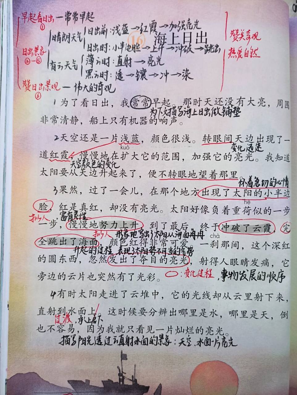 『部编四年级下语文』16课《海上日出》笔记 "本文通过描写晴朗天气的
