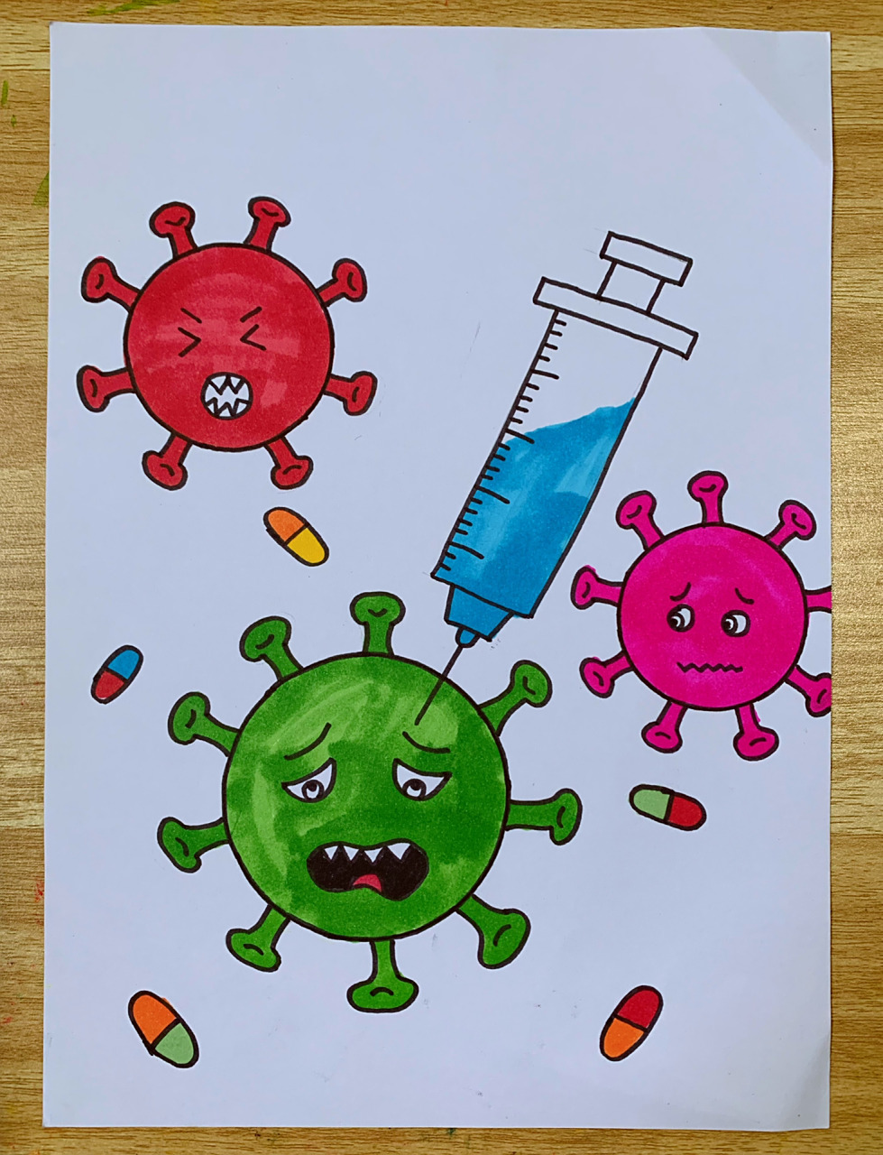 儿童美术96适合3-6岁宝贝的简笔画,作品:消灭病毒04