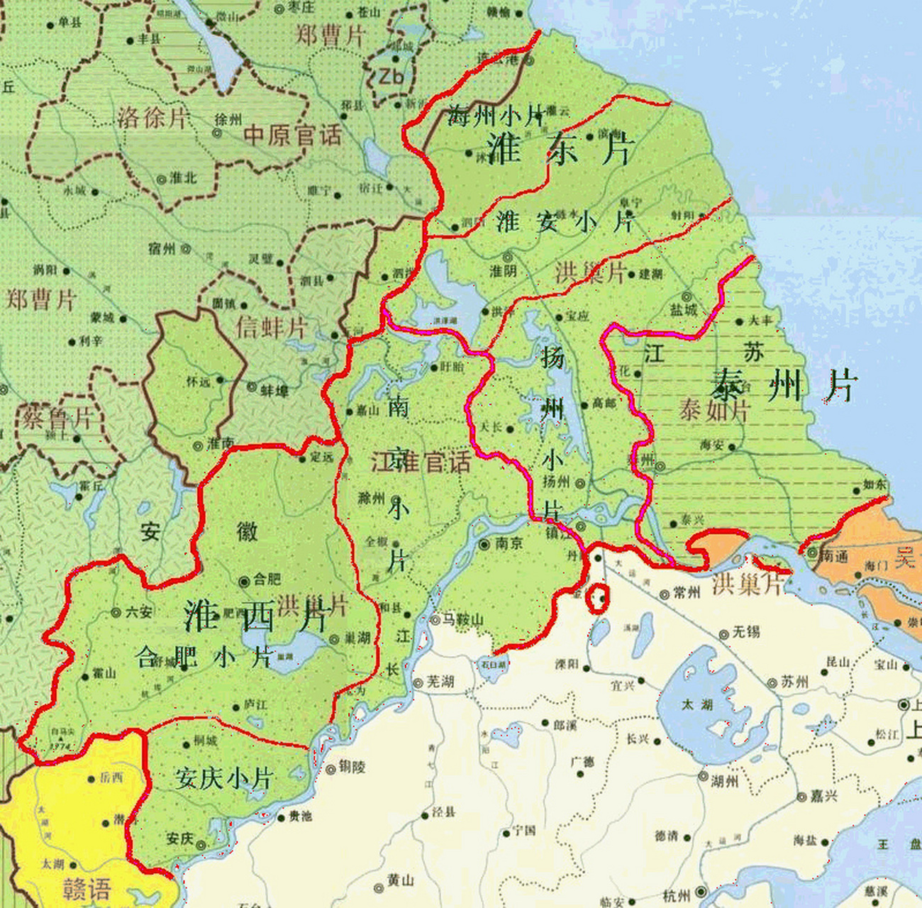 江淮官话分布示意图 江淮官话,其实也就是北方汉语与吴语的混合体