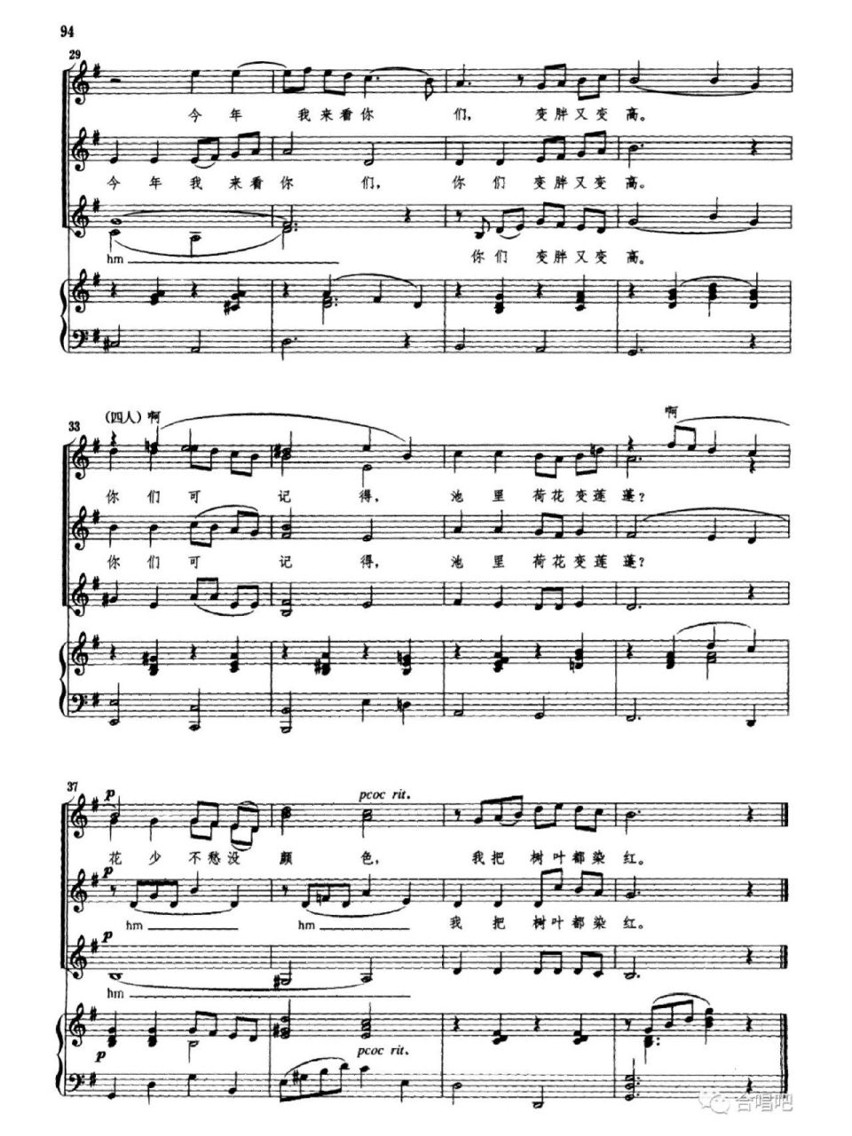 《西风的话》合唱版五线谱 花少不愁没颜色 我把树叶都染红   (线谱
