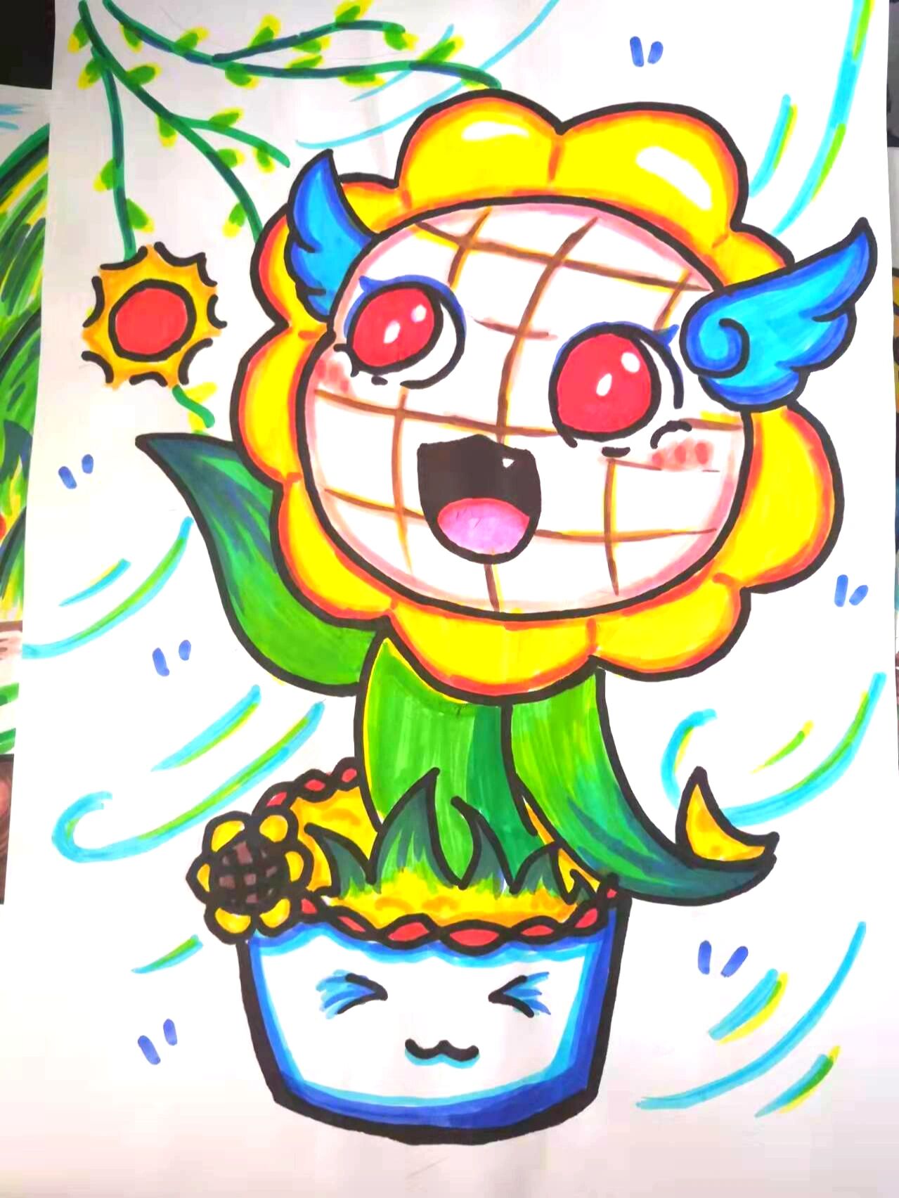 原创 简笔画儿童画 向日葵 命题:向日葵 a4纸 西瓜太郎十二色水彩笔