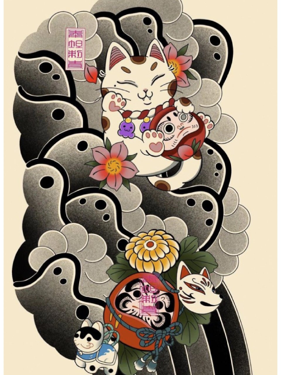 武汉大咖纹身提供适合女生的招财猫图案,半甲花臂小包臂图案