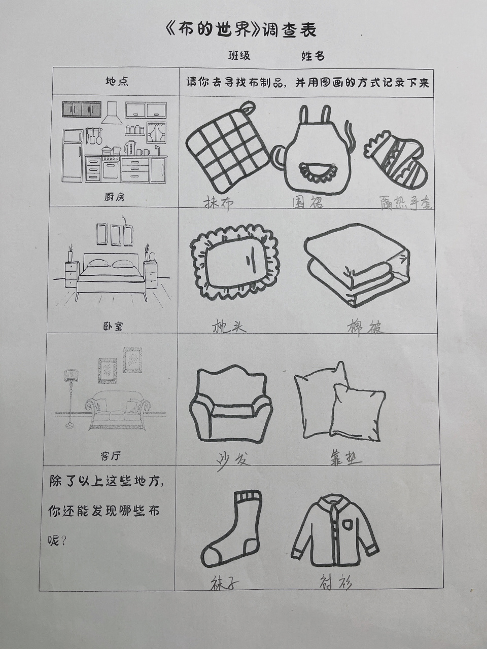 幼儿园作业之《布的世界》调查表 这次根据孩子说的物品直接全部线稿