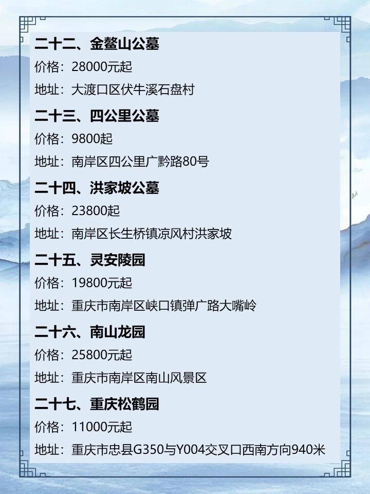 二,九龙陵园价格:10000元起 三,寺坪陵园价格:2280元起 四,涂山公墓