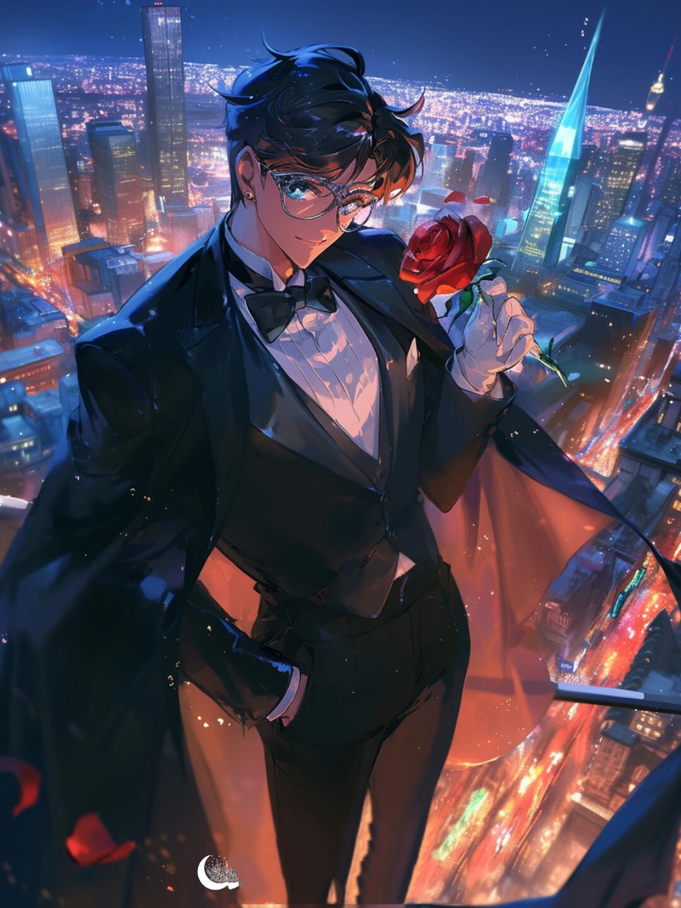 俯瞰城市夜景的夜礼服假面 midjourney对夜礼服假面的识别度还比较低