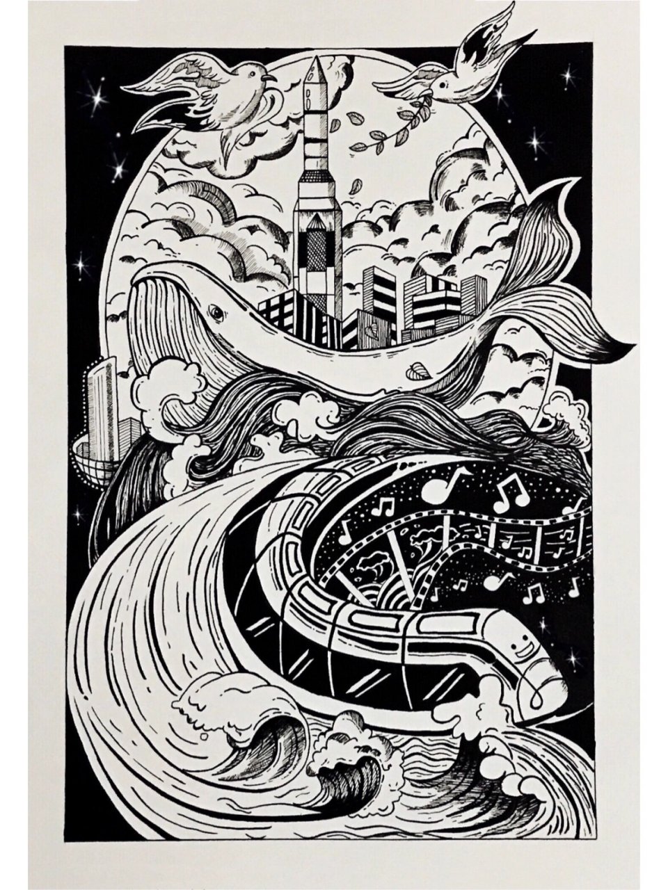 黑白装饰画 临摹: 画笔:樱花针管笔,秀丽笔 画纸:8k素描纸 画了接近8
