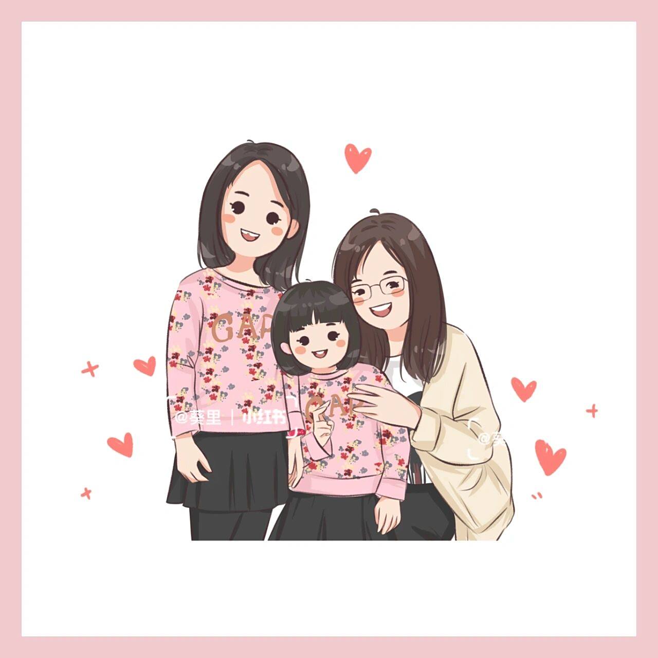 手绘q版可爱头像全家福一家四口 手绘全家福头像,一家3连张.