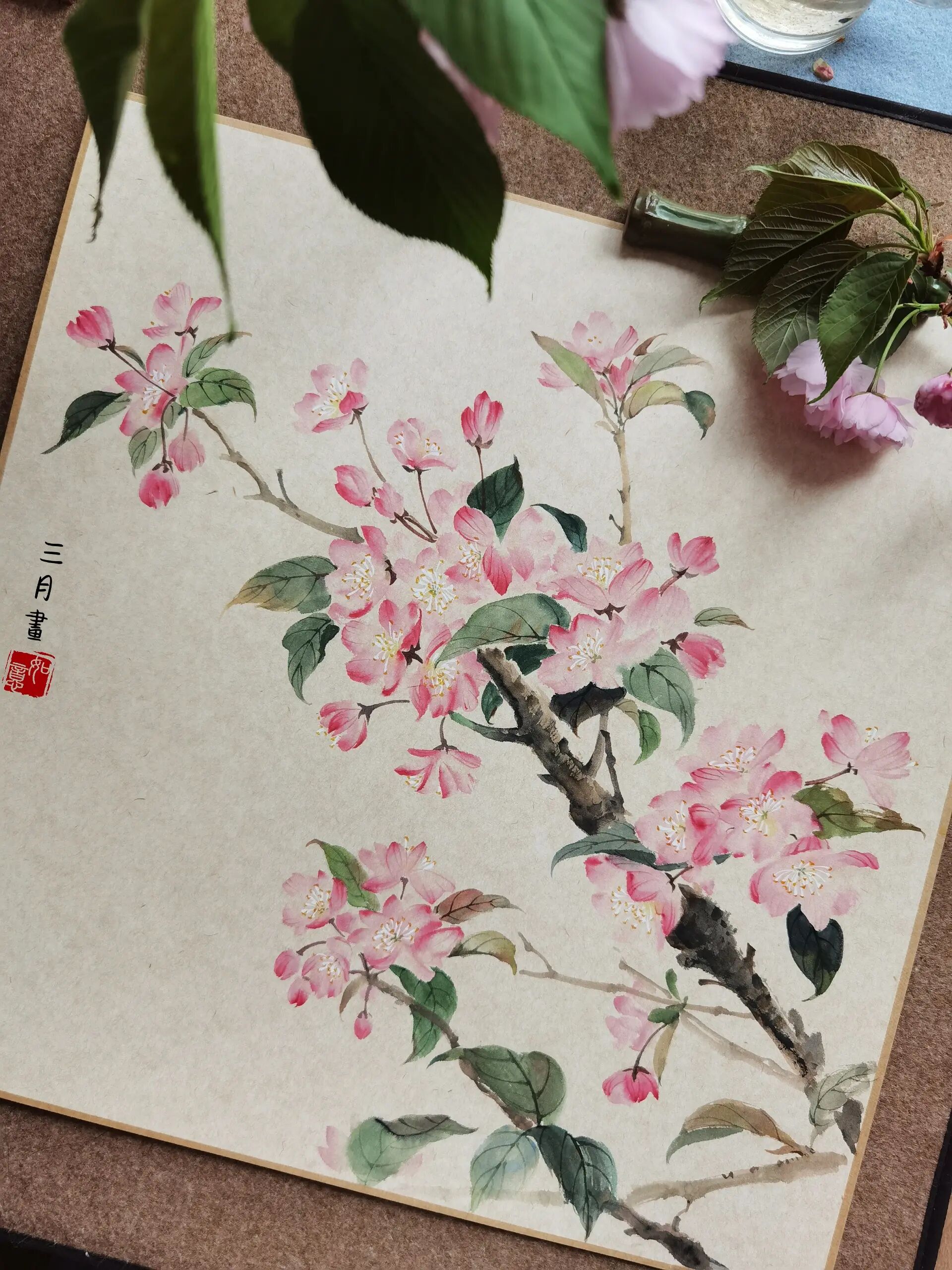 海棠花国风水彩