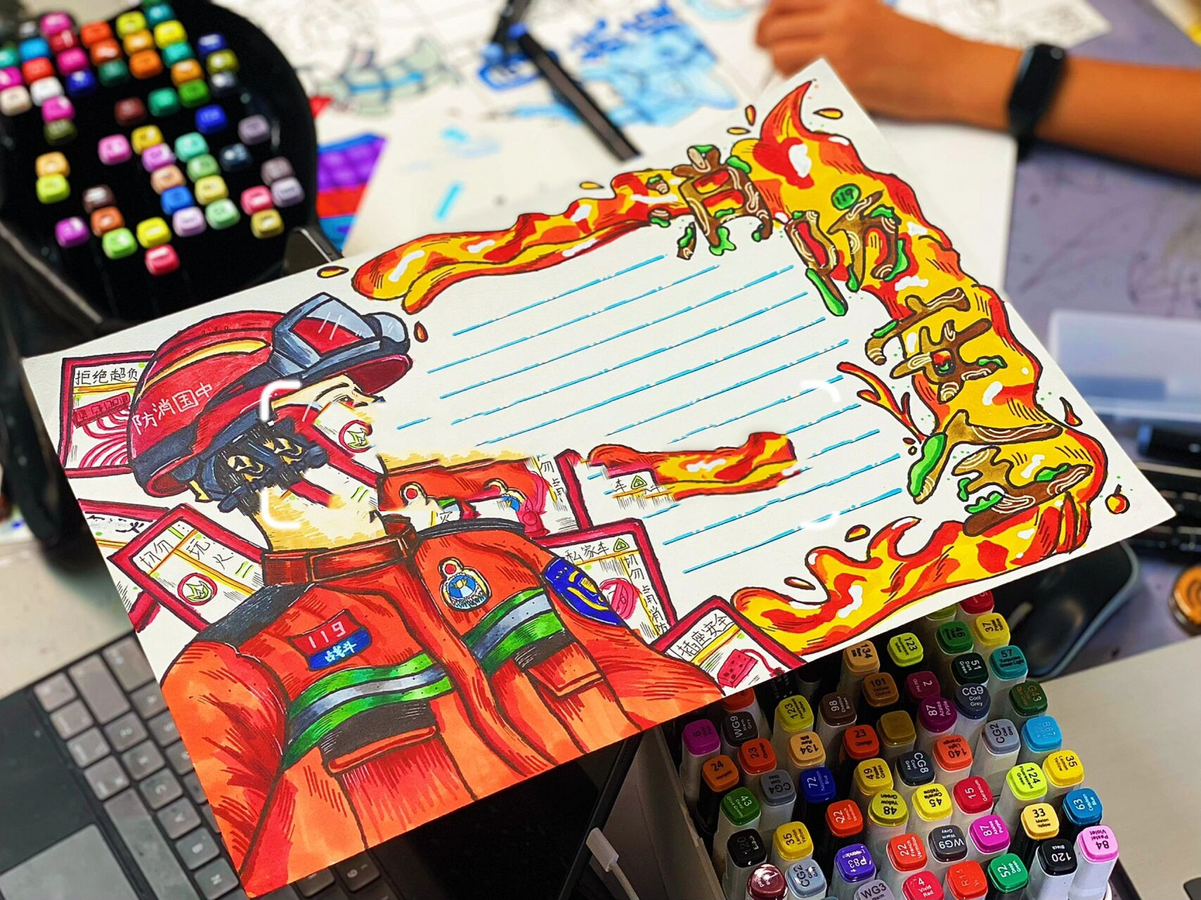 消防安全手抄报05学生参赛作品 996902  致敬消防员(一等奖