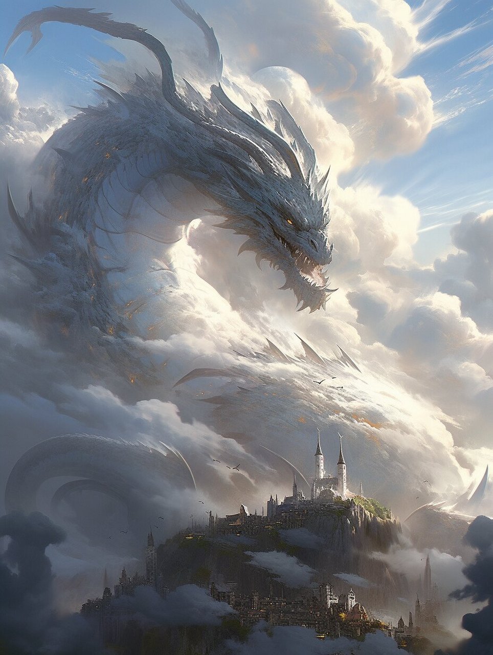 龙运凝聚:都市上空的神秘召唤 天空仿佛孕育了神秘的魔法,云雾凝聚,生