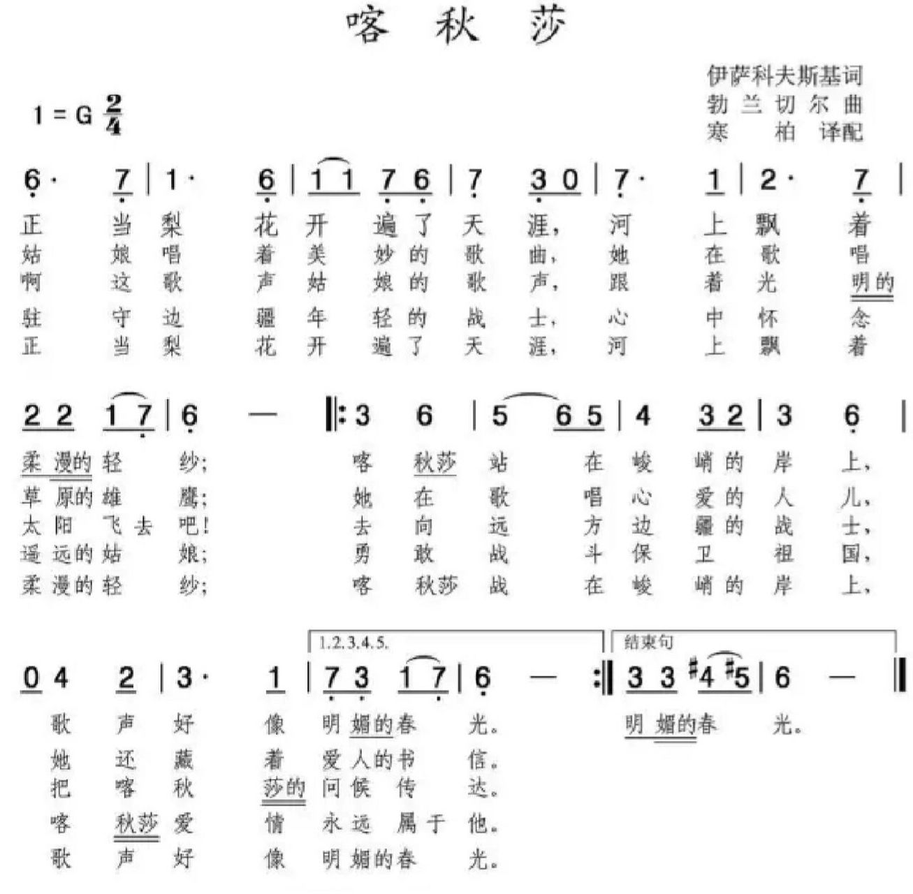 喀秋莎数字简谱图片