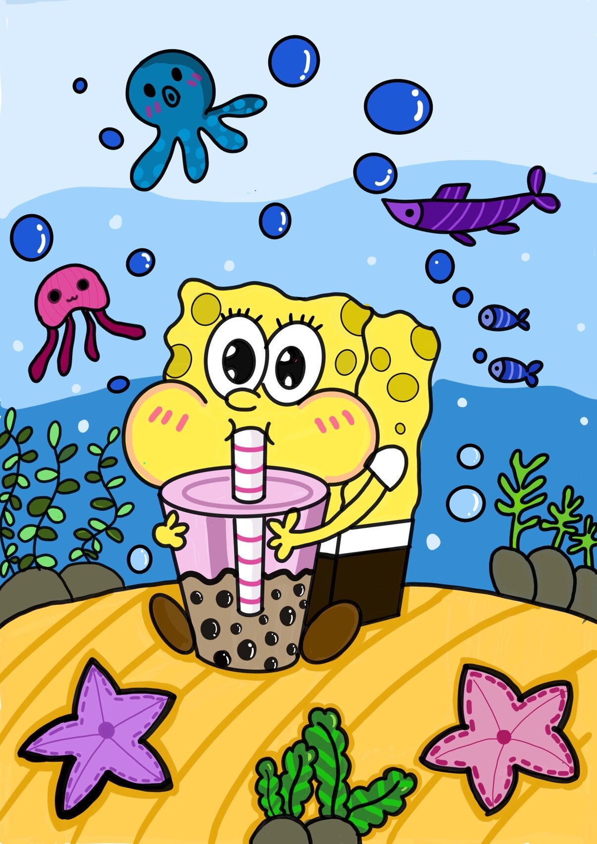 海绵宝宝创意画|附线稿 创意儿童画