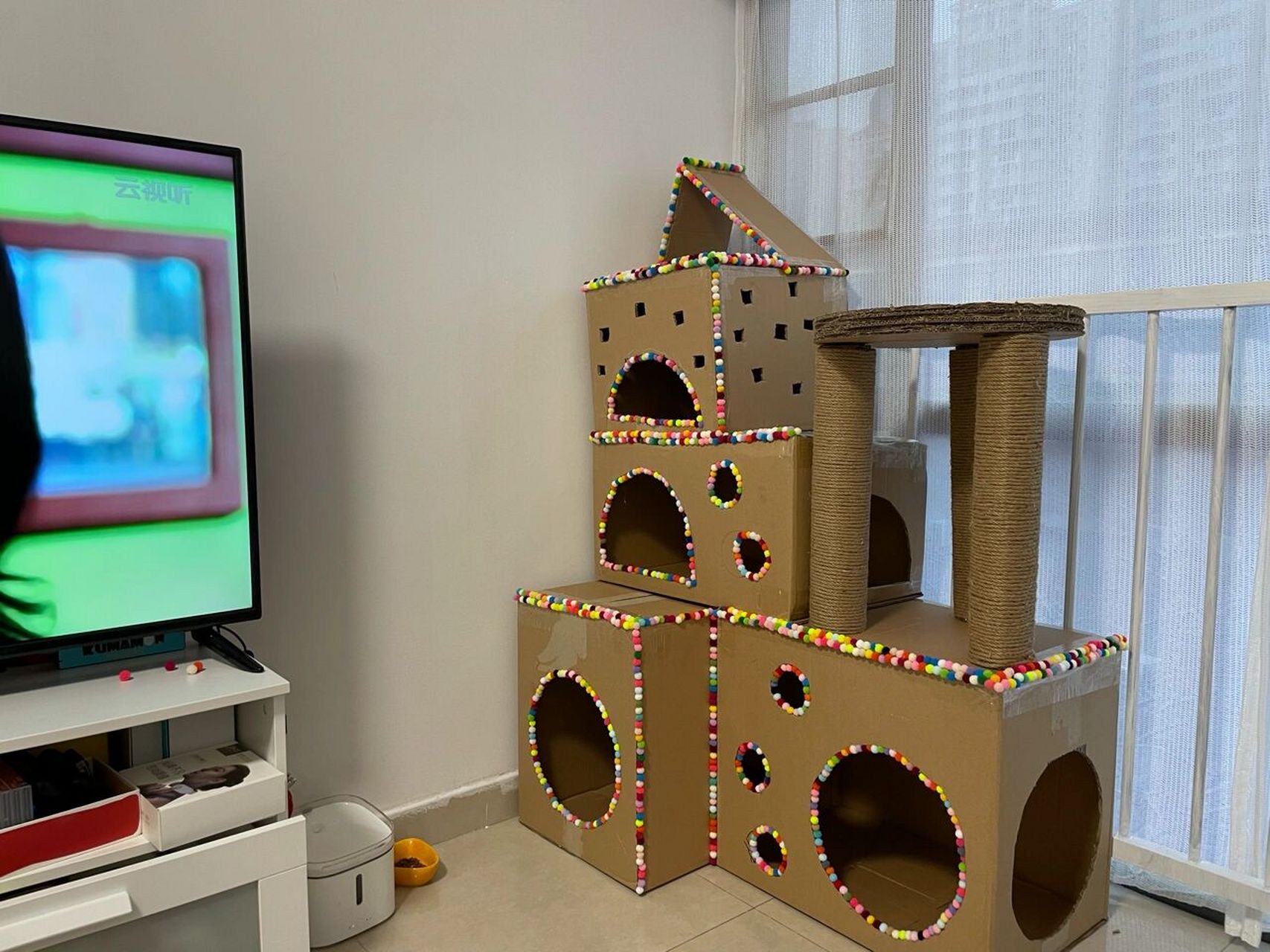 贫困老母亲吐血自制猫爬架 搬家买了十个纸箱子,不想另外花钱买猫爬架