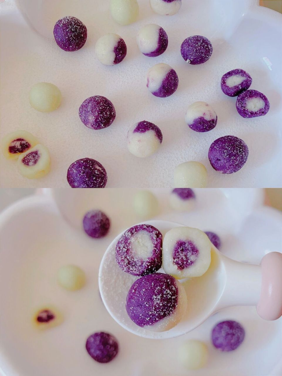 紫薯1根 山药1根 奶粉10g 	 做法如下:94 16615紫薯山药去皮