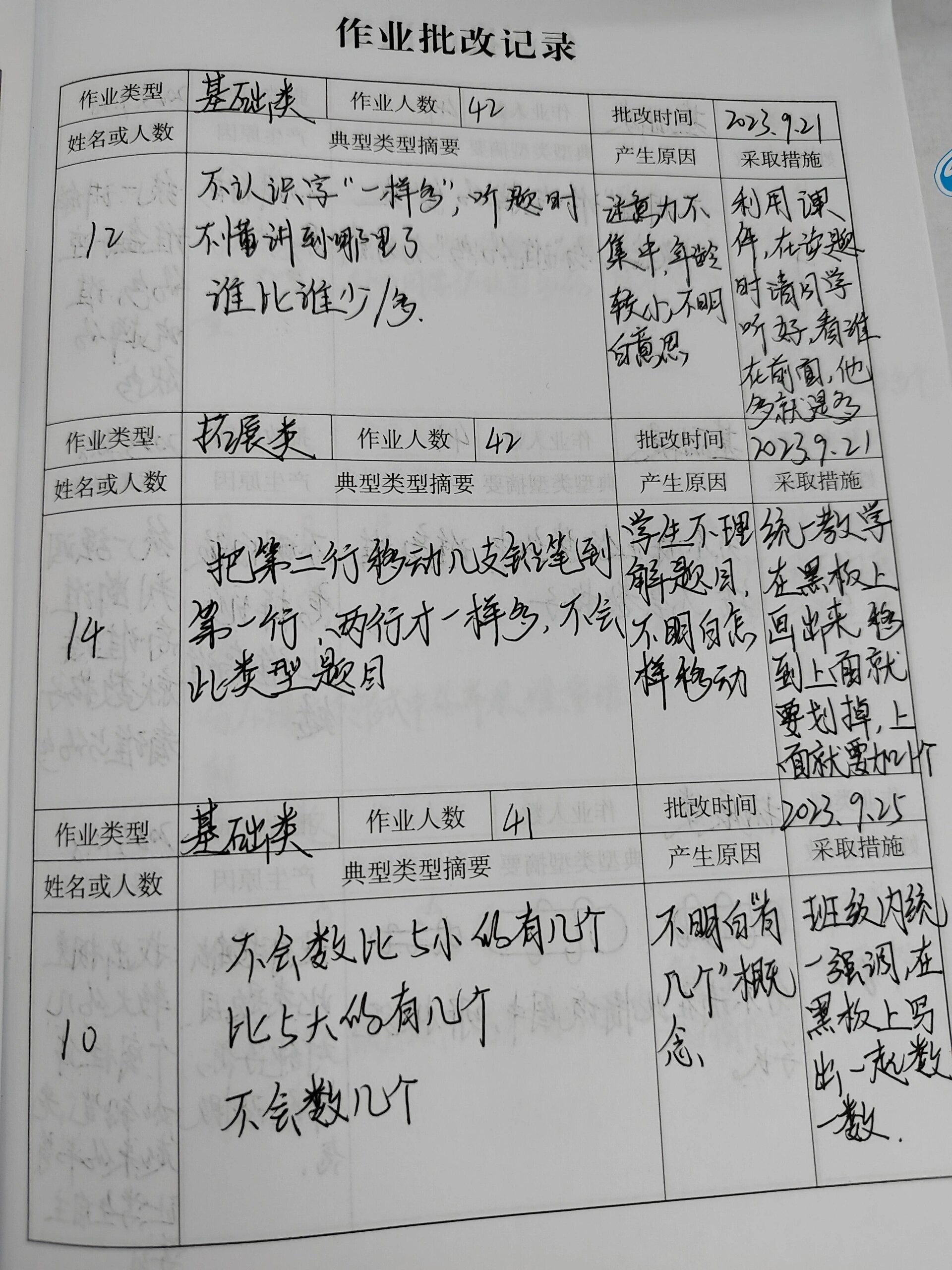 一年级数学上册北师大版作业批改记录